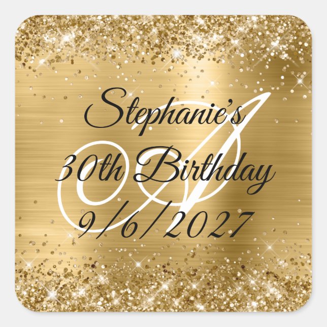 Faux Gold Glitter and Foil 30th Birthday Square Sticker (Front)