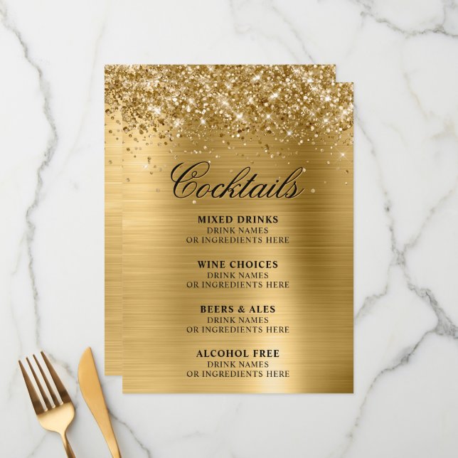 Faux Gold Glitter and Foil Cocktails Bar Menu (Front/Back In Situ)