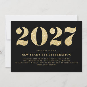 Faux Gold Glitter Black 2026 New Year's Eve Party Invitation