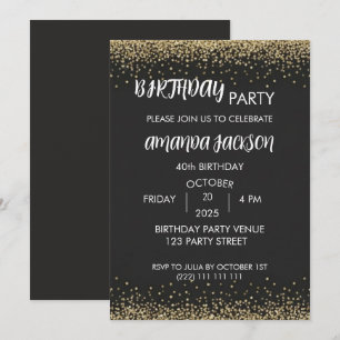 Faux Gold Glitter Black 40th Birthday Invitation