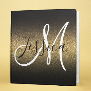 Faux Gold Glitter Black Ombre Monogram Binder