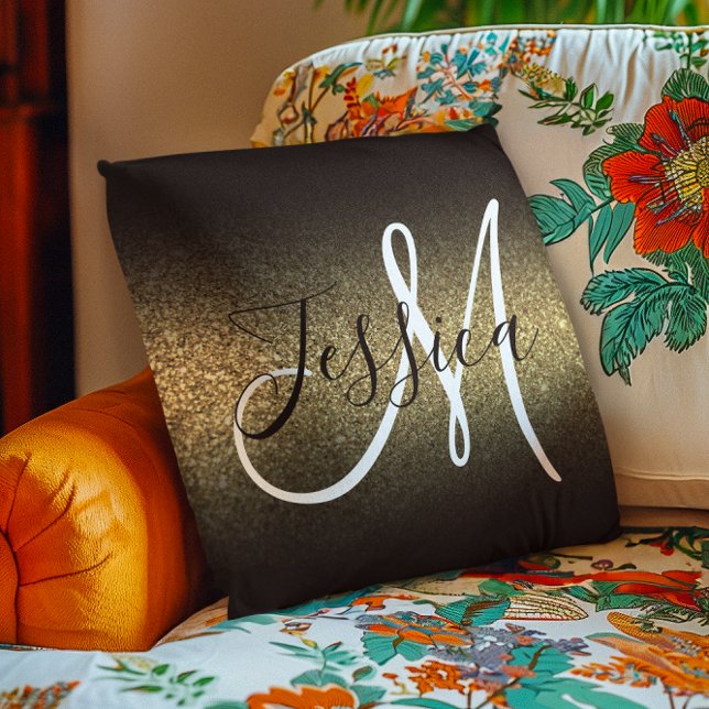 Faux Gold Glitter Black Ombre Monogram Throw Pillow (Faux Gold Glitter Black Ombre Monogram Throw Pillow)