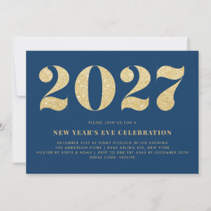 Faux Gold Glitter Blue 2026 New Year's Eve Party Invitation