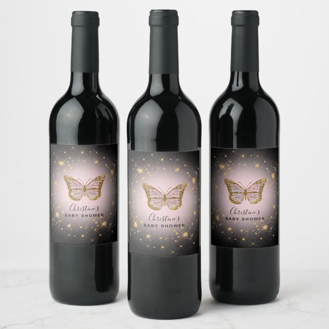faux gold glitter butterfly  wine label (Bottles)