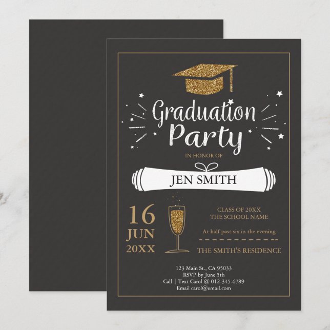 Faux Gold Glitter Cap Graduation Party Invitation (Front/Back)