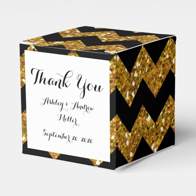 Faux Gold Glitter Chevron Pattern Black Solid Colo Favor Box (Front Side)