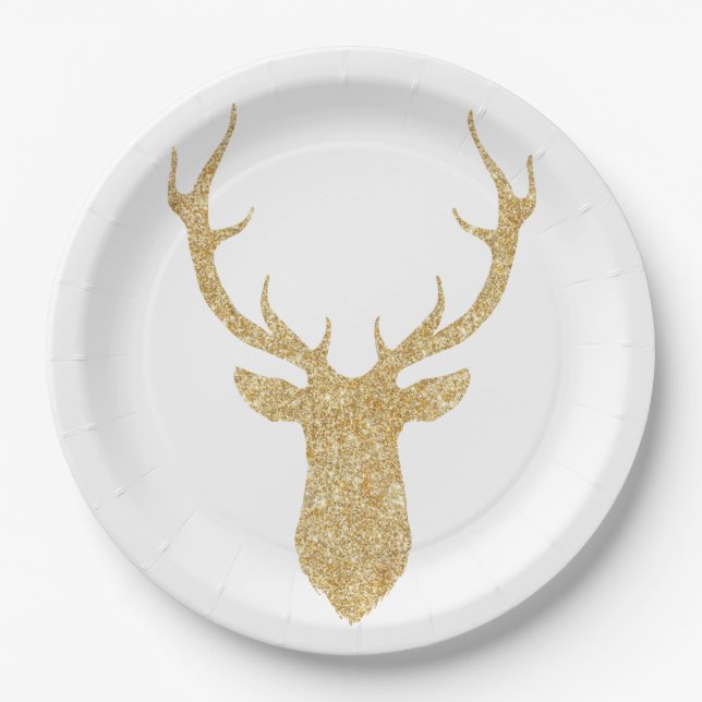 Faux Gold Glitter Christmas Deer Paper Plate (Front)