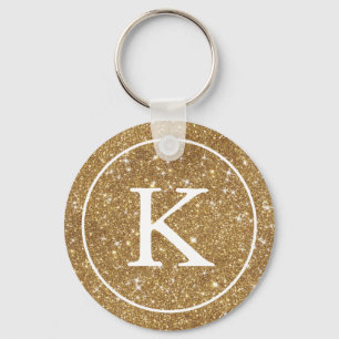 Faux Gold Glitter Circle   Monogram Initial Keychain