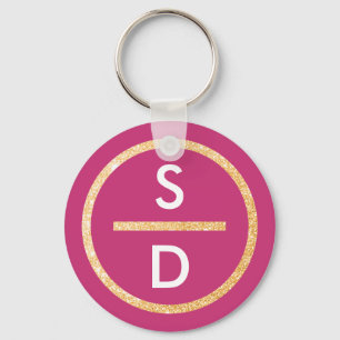 Faux Gold Glitter Circle Vertical Monogram on Pink Keychain