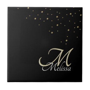 Faux Gold Glitter Confetti Name and Gold Monogram Tile