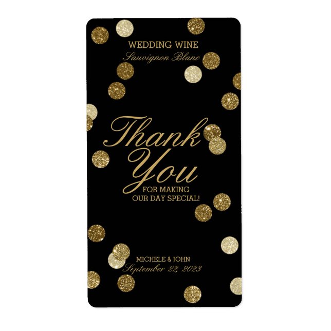 Faux Gold Glitter Confetti Wedding Wine Label (Front)