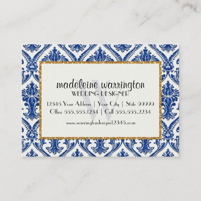 Faux Gold Glitter Damask Floral Pattern Business Card (Back)