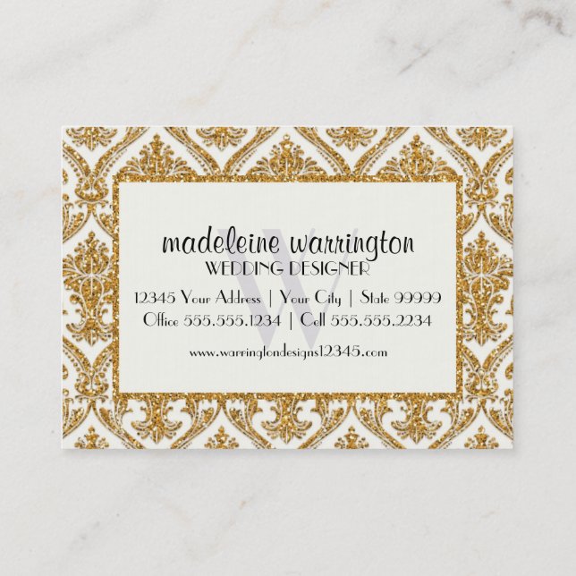 Faux Gold Glitter Damask Floral Pattern Business Card (Back)