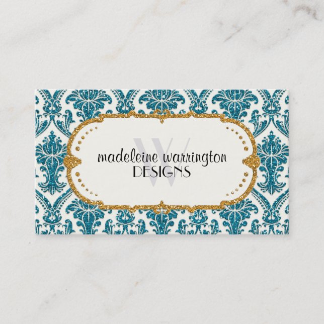 Faux Gold Glitter Damask Floral Pattern Business Card (Front)