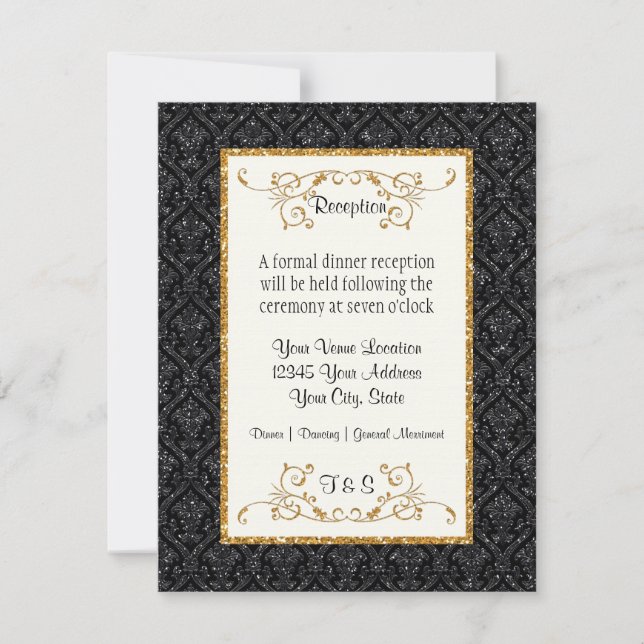 Faux Gold Glitter Damask Ticket Style Reception Invitation (Front)