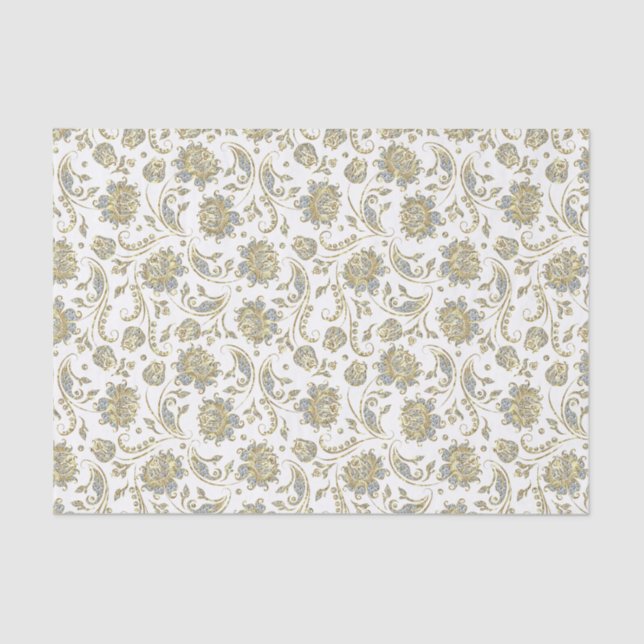 Faux Gold & Glitter Damasks White Background Tissue Paper (Front)