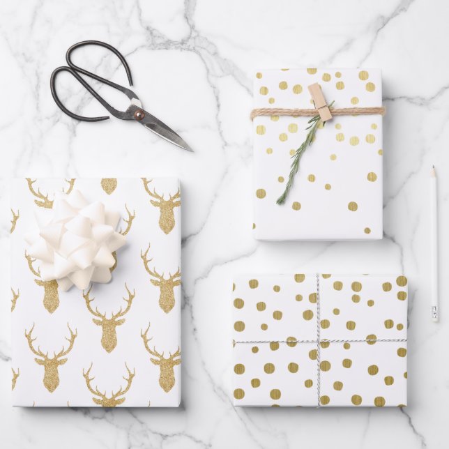 Faux Gold Glitter Deer Antlers - Christmas Wrapping Paper Sheet (Front)