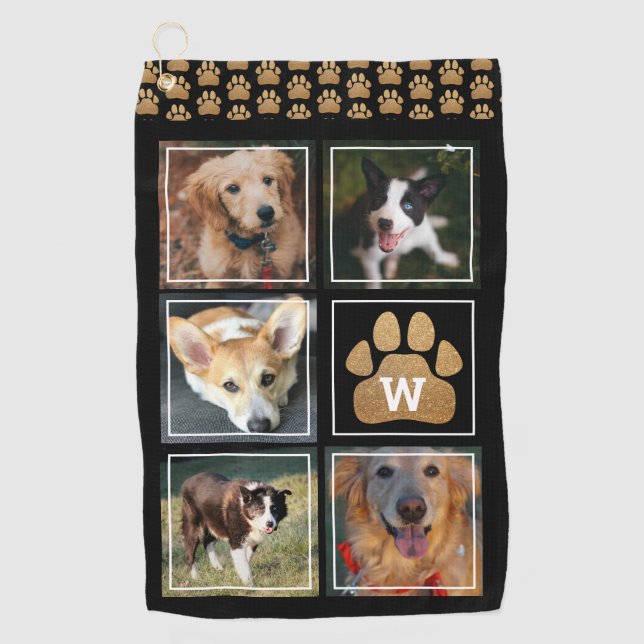 Faux Gold Glitter Dog Paw Pet Photo Collage Golf Towel (Front)