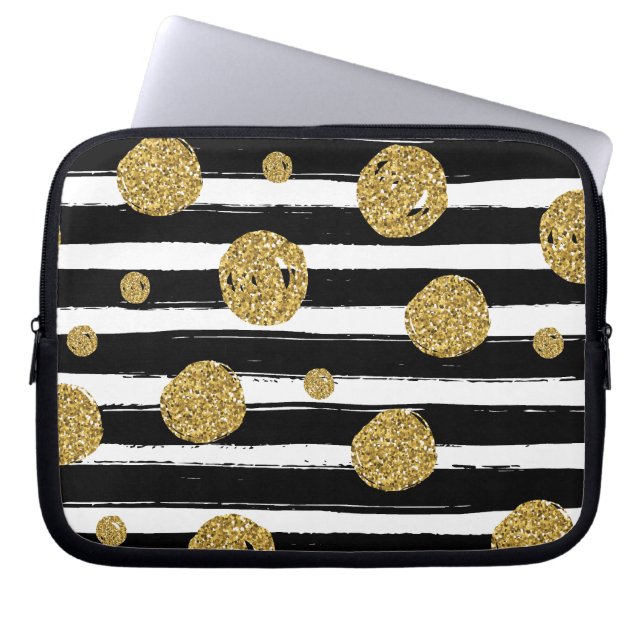 Faux gold glitter dots Black white stripes Laptop Sleeve (Front)