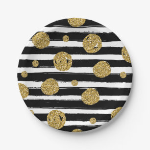 Faux gold glitter dots Black white stripes Paper Plate