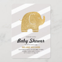 Faux Gold Glitter Elephant Grey Baby Shower Invite