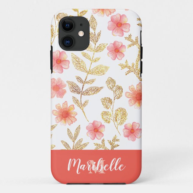 Faux Gold Glitter Floral Monogram Case-Mate iPhone Case (Back)