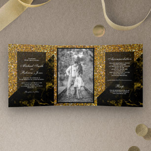 Faux Gold Glitter Gold Marble Wedding Photo Tri-Fold Invitation