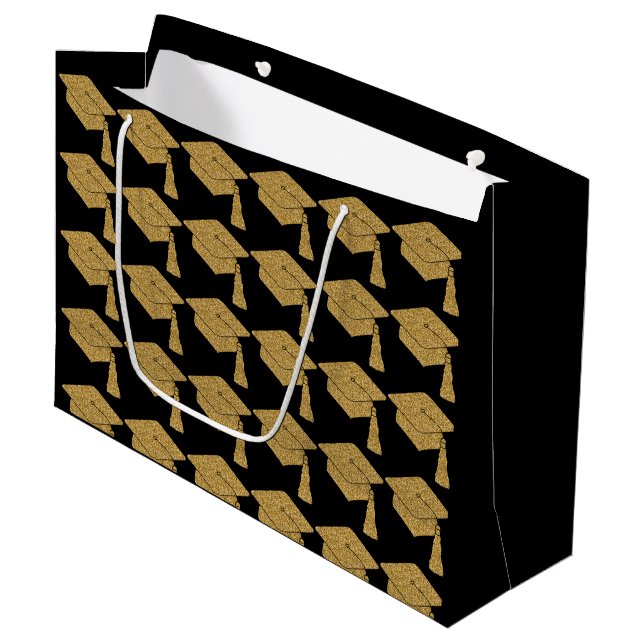 Faux Gold Glitter Grad Cap Graduation Large Gift Bag (Front Angled)