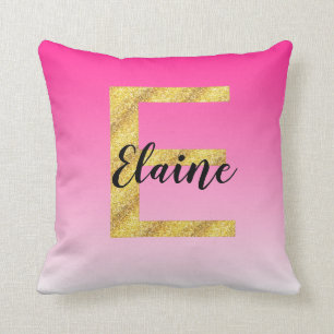 Faux Gold Glitter Initial Letter E Pink Gradient Throw Pillow