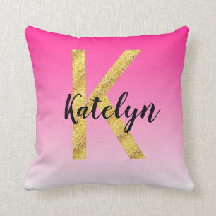 Faux Gold Glitter Initial Letter K Pink Gradient Throw Pillow