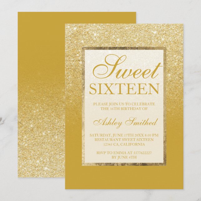 Faux gold glitter lemon curry chic Sweet 16 Invitation (Front/Back)