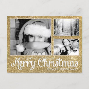Faux Gold Glitter Merry Xmas 3 Photo Postcard