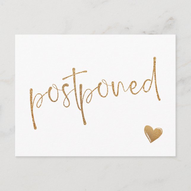 Faux Gold Glitter Minimalist Postponed Wedding Announcement Postcard (Front)