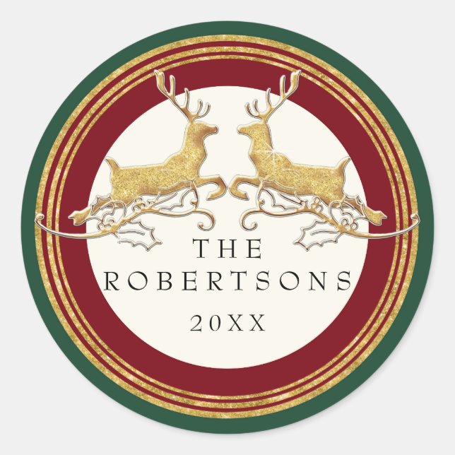 Faux Gold Glitter Modern Reindeer Personalized Classic Round Sticker (Front)