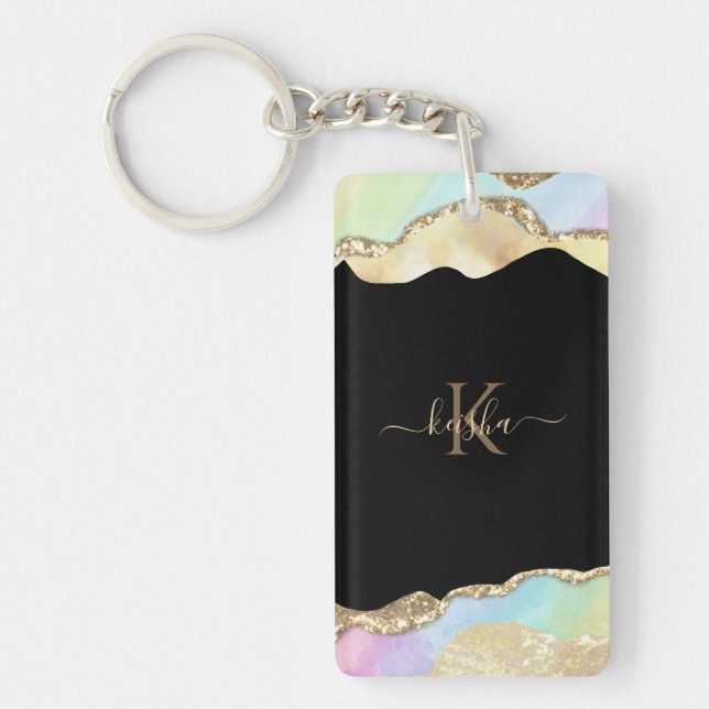 Faux Gold Glitter & Pastel Waves Bling Keychain (Front)