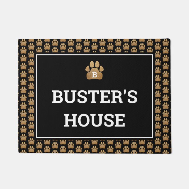 Faux Gold Glitter Paw Print Dog Name Doormat (Front)