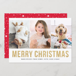 Faux Gold Glitter Photo Collage Merry Christmas Holiday Card