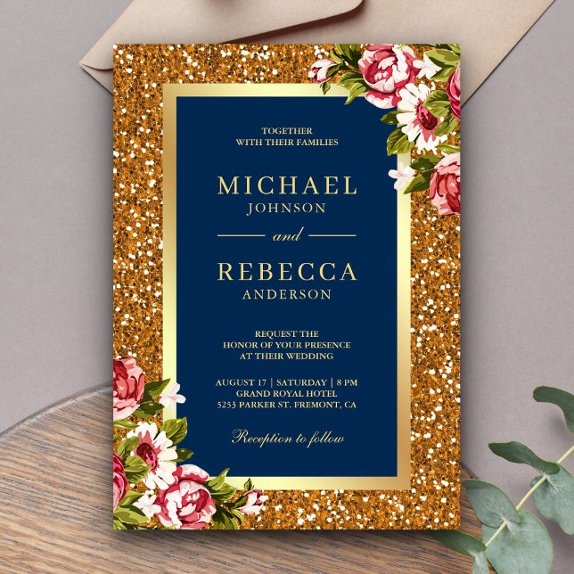 Faux Gold Glitter Pink Floral Navy Blue Wedding Invitation (Creator Uploaded)