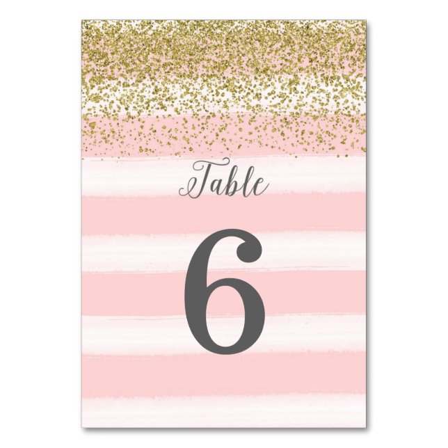 Faux Gold Glitter Pink Wedding Table Number Card (Front)