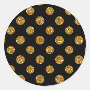 Faux Gold Glitter Polka Dots Pattern on Black Classic Round Sticker