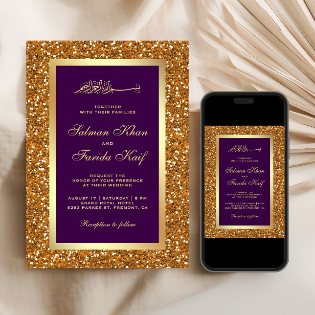 Faux Gold Glitter Purple Islamic Muslim Wedding Invitation (Creator Uploaded)