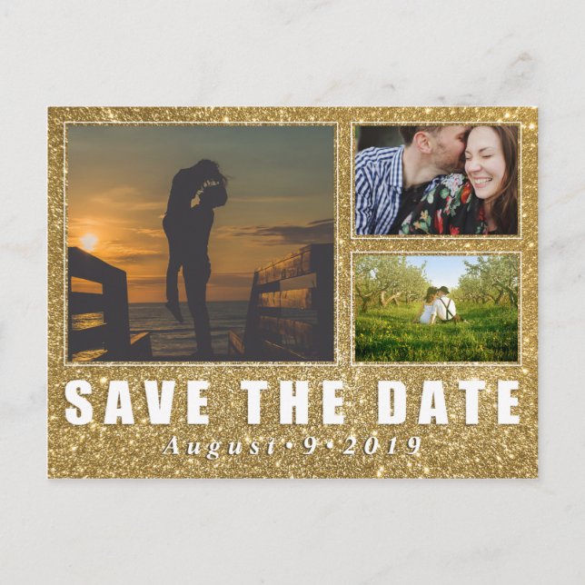 Faux Gold Glitter Save The Date 3 Photo Postcard (Front)