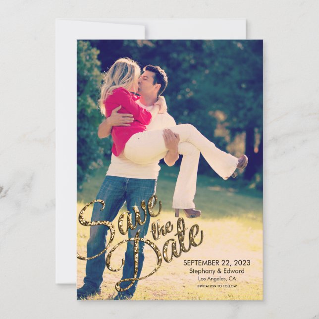 Faux Gold Glitter Save The Date Wedding Reminder (Front)