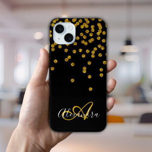 Faux Gold Glitter Script Monogram Glam iPhone 15 Mini Case