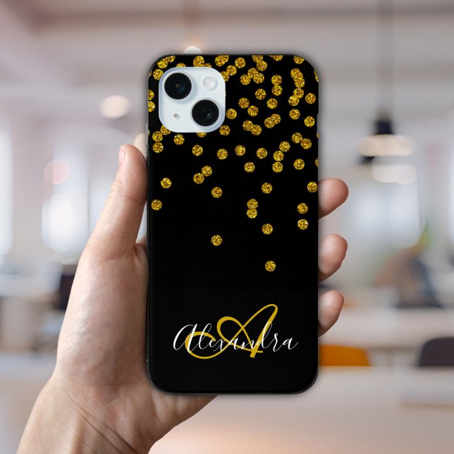 Faux Gold Glitter Script Monogram Glam Case-Mate iPhone Case (Elegant Black Gold Glitter Sparkles Monogram Name Case-Mate iPhone Case)