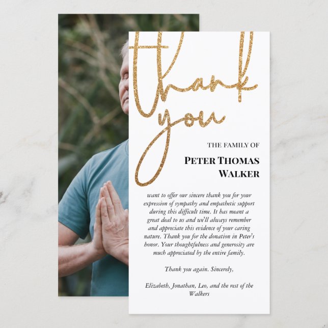 Faux Gold Glitter Script & Photo Funeral Thank You (Front/Back)