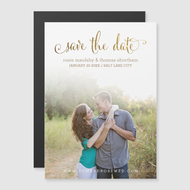 Faux Gold Glitter Script Save the Date Magnetic Invitation (Front/Back)