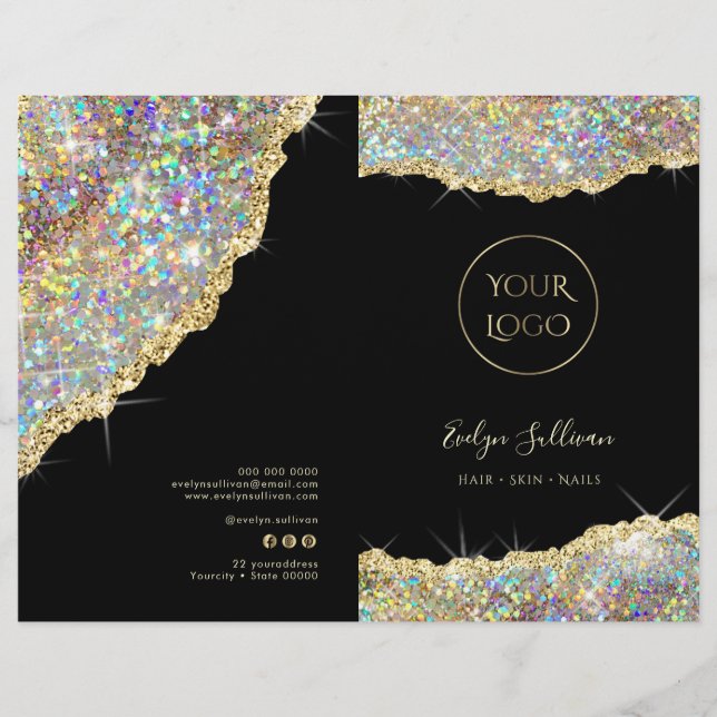 Faux gold glitter sequin service menu brochure (Front)