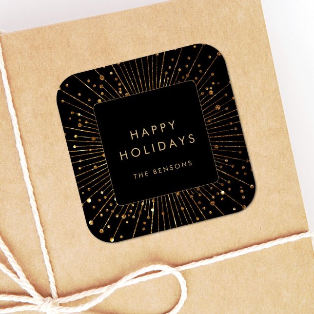 Faux Gold Glitter Sunburst Happy Holidays Square Square Sticker (Creator Uploaded)
