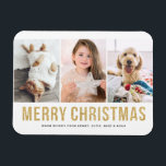 Faux Gold Glitter Three Photo Collage Christmas Magnet<br><div class="desc">Merry Christmas | Add a touch of sparkle to your holiday season with our customizable photo Christmas magnet, featuring eye-catching gold glitter letters! This festive magnet is a delightful way to showcase your favourite holiday photo while sending warm wishes to friends and family. The elegant gold glitter letters create a...</div>